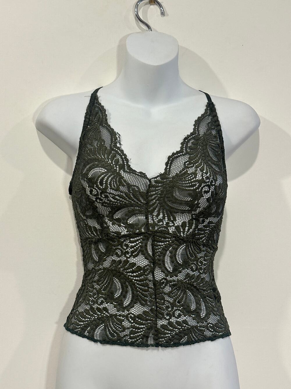Stylewise UK Dark Olive Green Sheer Floral Lace Cross Back Cami Tank Top 6 / XS
